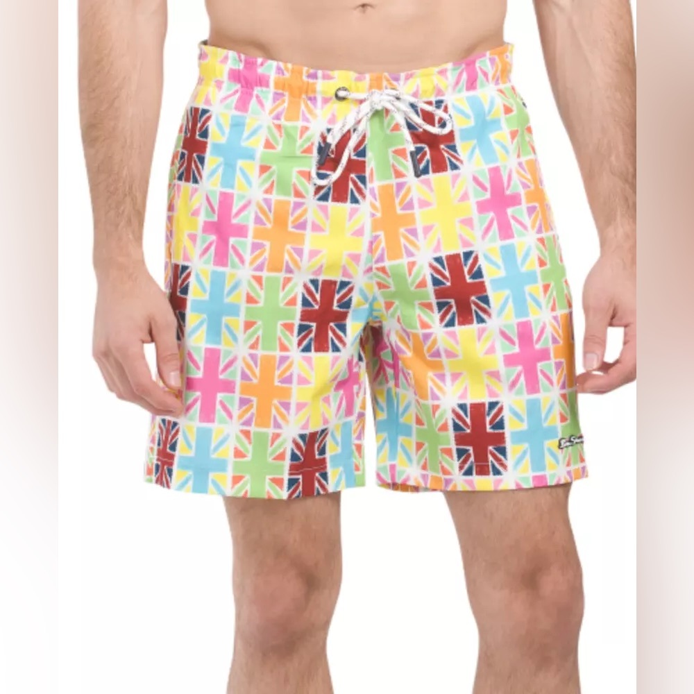 NWT BEN SHERMAN SzM PAINTED JACKS STRETCH SWIM SHORTS MUL